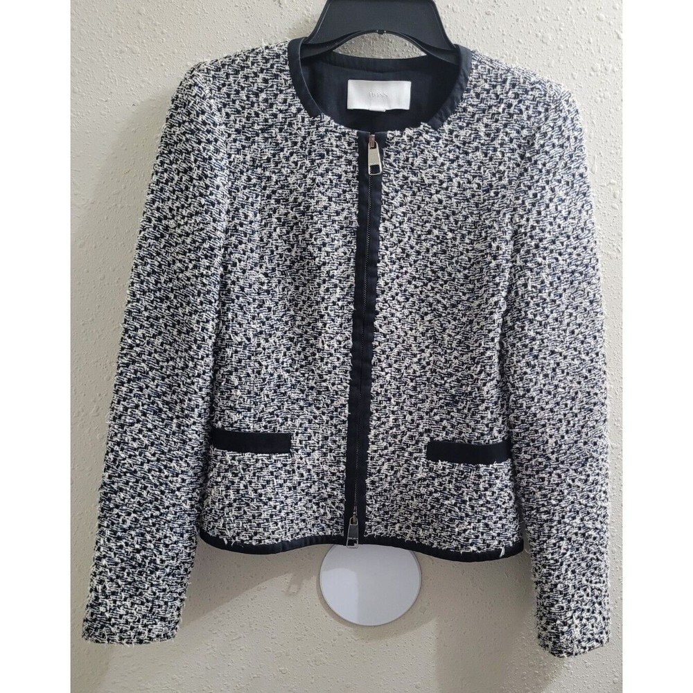 Hugo Boss Kalaila  Tweed Woven Texture Fringe  Zipper Front Lined Size 2 Blazer